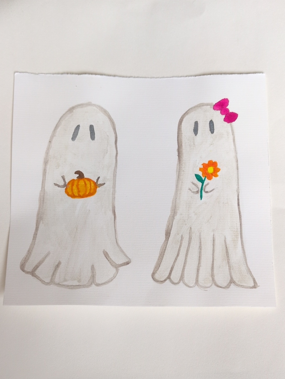 Watercolour Ghost Duo — White with Orange Pumpkin & Pink Bow